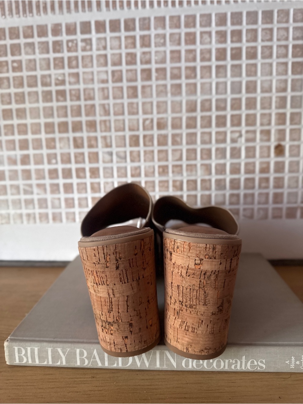 Beige Suede Cork Platform Slide Heel - Size 7.5 - Picture 4 of 7